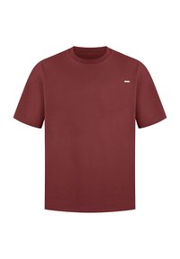 Bordeauxkleurig T-shirt met korte mouwen, gemaakt van katoen, met een ronde halslijn en een klein logo-label op de linkerborst.