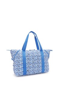 Borsa tote blu con motivo geometrico, realizzata in tessuto con due manici blu e chiusura con zip. Presenta un ampio interno.