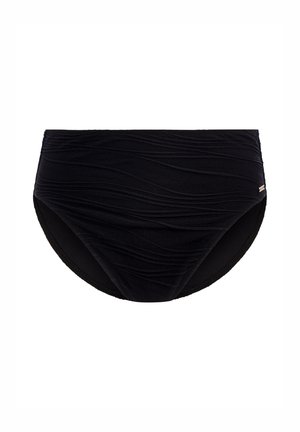 Black bikini bottom with textured, wavy fabric design. Offers a high-waisted cut and smooth inner lining. No visible hardware or accents.