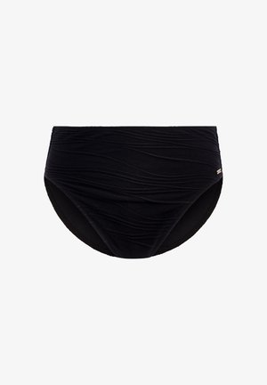 Musta bikinin alaosa, jossa on teksturoitu, aaltoileva kankaan muotoilu. Tarjoaa korkeavyötäröisen leikkauksen ja sileän sisävuorin. Ei näkyviä metalliosia tai koristeita.