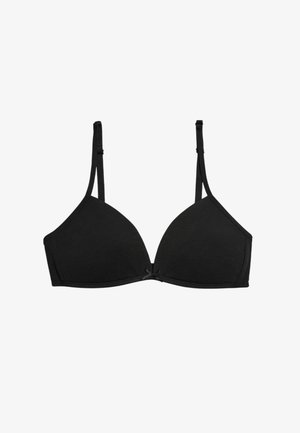 Sujetador negro con copas triangulares, tirantes ajustables, tejido suave y un pequeño lazo en el centro. Diseño sencillo sin adornos.
