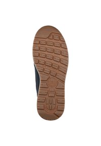 Brown rubber outsole with a textured grip pattern, featuring a circular logo and raised sections for traction. Dark blue upper visible on sides.