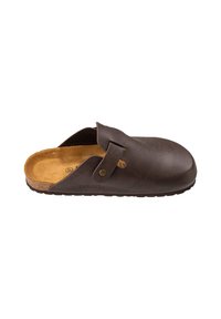Braune Lederclogs mit offenem Rücken, geschwungenem Design und gepolsterter, beiger Einlegesohle. Mit einem Metallband und einem Logo an der Seite. Gummisohle für guten Grip.