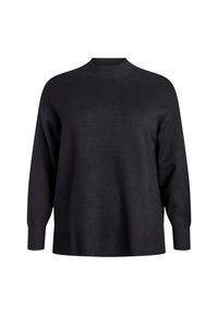 Czarny długi sweter z dzianiny z wysokim okrągłym dekoltem oraz ściągaczami przy mankietach i na dole, wyeksponowany na jednolitym białym tle.