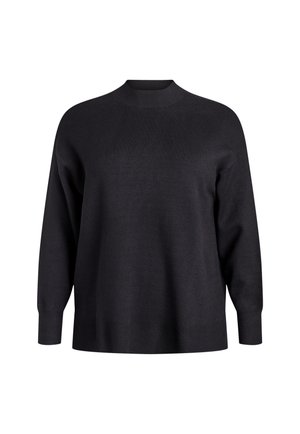 Črna dolga pulover z dolgimi rokavi iz pletenine, z visokim krojem in rebrastimi manšetami ter robom, prikazan na enobarvni beli podlagi.