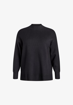 Črna dolga pulover z dolgimi rokavi iz pletenine, z visokim krojem in rebrastimi manšetami ter robom, prikazan na enobarvni beli podlagi.