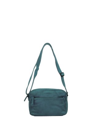 Teal leather crossbody bag with adjustable strap, front zip pocket, and simple rectangular shape on a white background.