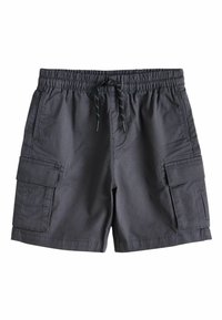 Cargo-shorts i mørkegråt stof med elastisk talje og snøre, to sidelommer og to cargolommer på lårene.