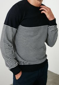 Gestickter Pullover mit navyfarbenem Oberteil und gestreiftem schwarz-weißem Muster am Körper, ausgestattet mit einem Rundhalsausschnitt sowie gerippten Bündchen und Saum.