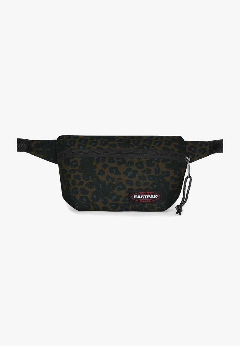 Banane Eastpak vert foncé et noir à imprimé léopard, avec fermeture éclair noire et sangles réglables.
