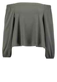 Off-the-shoulder top gemaakt van soepel olijfgroen stof, met lange opgeblazen mouwen en een vloeiende pasvorm met elastische manchetten en halslijn.