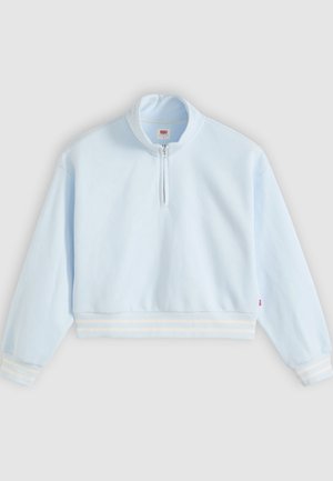 Ανοιχτό μπλε μακρυμάνικη μπλούζα με γιακά μισής ζώνης και λευκές ριγέ ριμπ μανσέτες και γύρο μέσης, τοποθετημένη επίπεδα σε γκρι φόντο.