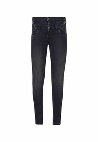 Pantalones vaqueros de denim oscuro ajustados con un ligero brillo. Cuentan con una cremallera de botones, cinco bolsillos y detalles metálicos en la cintura.