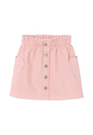 Pink toddler skirt with elastic waistband, front snap buttons, and two side pockets shaped like hearts on a white background.