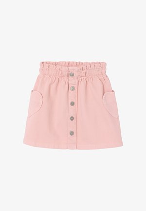 Pink toddler skirt with elastic waistband, front snap buttons, and two side pockets shaped like hearts on a white background.