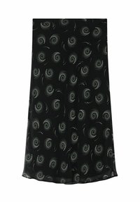 Crna suknja s vrtložnim zelenim i bijelim uzorcima. Izrađena od lagane tkanine, s glatkom teksturom i A-linijom siluetom.