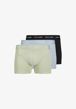 Trzypak męskich bokserów w jasnym zielonym, jasnoniebieskim i czarnym kolorze. Posiadają elastyczne pasy w talii z logo "JACK & JONES". Wykonane z miękkiego materiału.