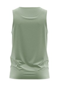 Groen mouwloos topje, gemaakt van gladde stof, met een ronde hals en zachte draping aan de achterkant. Eenvoudig ontwerp zonder versieringen.