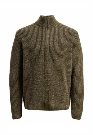Olivgrüner Pullover mit hohem Kragen und Halbreißverschluss, mit gerippter Textur und gewebtem Design, langen Ärmeln und lässiger Passform.