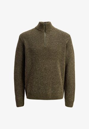 Olivgrüner Pullover mit hohem Kragen und Halbreißverschluss, mit gerippter Textur und gewebtem Design, langen Ärmeln und lässiger Passform.