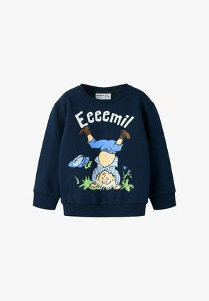 Sweat-shirt bleu marine avec un garçon de dessin animé faisant le poirier sur l’herbe, portant un pantalon et une chemise bleus, des chaussures marron, et le texte « Eeeemil » au-dessus.
