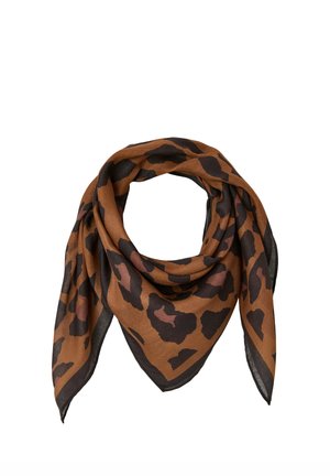 Écharpe imprimé léopard marron et noir pliée en forme triangulaire avec une bordure noire sur fond blanc.