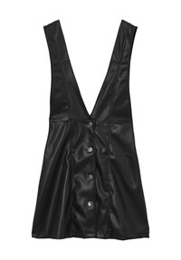 Schwarzes, ärmelloses Mini-Kleid aus Kunstleder mit tiefem V-Ausschnitt und silbernen Druckknöpfen auf der Vorderseite.