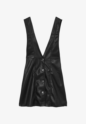 Schwarzes, ärmelloses Mini-Kleid aus Kunstleder mit tiefem V-Ausschnitt und silbernen Druckknöpfen auf der Vorderseite.