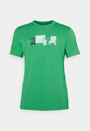 Green short-sleeve t-shirt made of soft fabric, featuring a front graphic design with nature-themed squares and outlines.