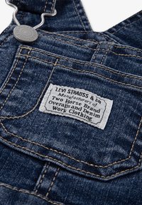 Salopette en denim de couleur bleue, en tissu robuste, avec des accessoires en métal argenté. Une étiquette indique "Levi Strauss & Co. Two Horse Brand."
