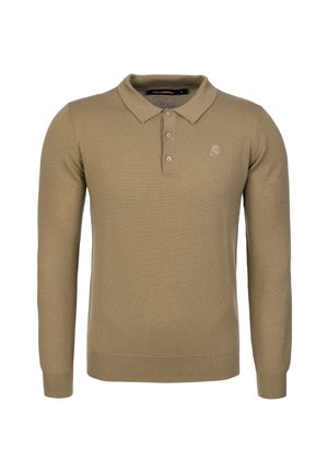 Béžová polo košile s dlouhým rukávem vyrobená z měkké pleteniny. Obsahuje límec, tři knoflíky a decentní logo na hrudi.