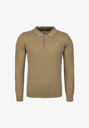Beżowa koszulka polo z długim rękawem wykonana z miękkiej dzianiny. Oferuje kołnierzyk, trzy guziki oraz subtelny detal logo na klatce piersiowej.