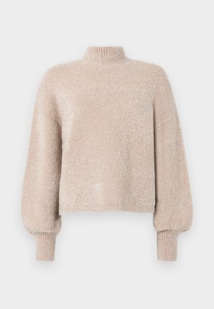 Light beige cropped sweater made of soft, textured fabric. Features a high neck and balloon sleeves. Textured finish with a subtle sheen.