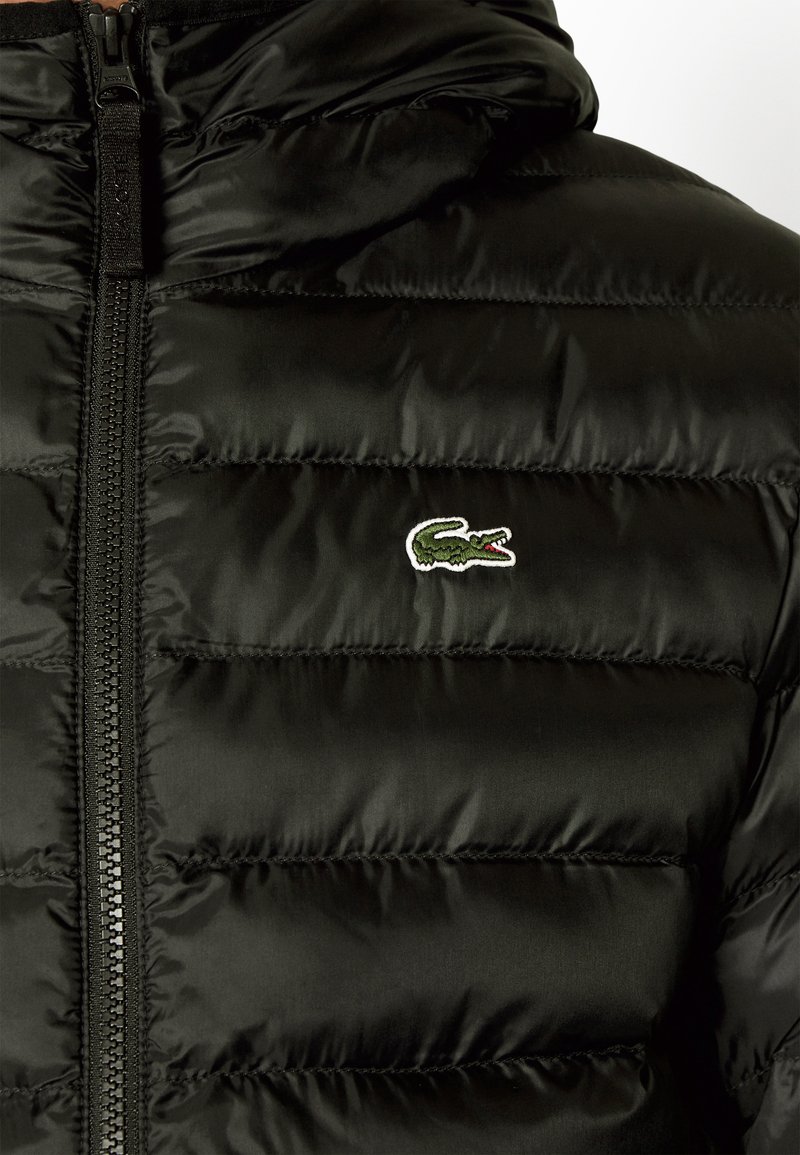 Veste rembourrée noire avec un design matelassé, texture lisse, fermeture éclair sur le devant et un logo crocodile brodé en vert.