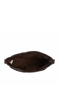Borsa a tracolla in pelle marrone con zip sulla parte superiore e interno trapuntato. L'interno presenta tasche organizzative e una fodera stampata con il logo.