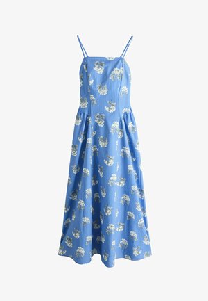 Rochie de vară albastră fără mâneci, cu bretele subțiri, imprimeu floral alb, dungi verticale, corset strâmt și fustă midi evazată.