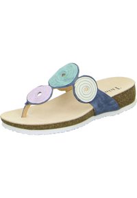 Multicolored thong sandal featuring circular fabric accents in light blue, pink, and white, with a cork footbed and white rubber sole.