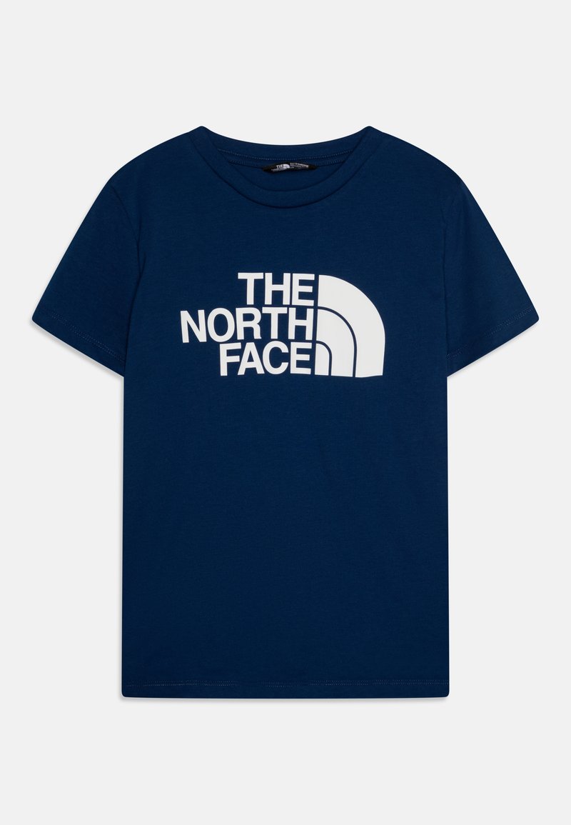 Námořnická modrá bavlněná tričko s bílým potiskem loga "THE NORTH FACE" a designem polokoule na přední straně; kulatý výstřih a krátké rukávy.