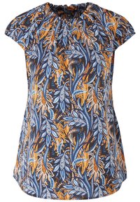 Blouse à manches courtes avec motif de feuilles bleu, orange et beige sur fond foncé, dotée d'un col rond froncé.