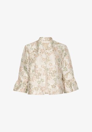 Giacca con motivo floreale in crema, caratterizzata da fiori verdi e rosa. Realizzata in tessuto testurizzato con maniche a gomito arricciate e colletto aperto.