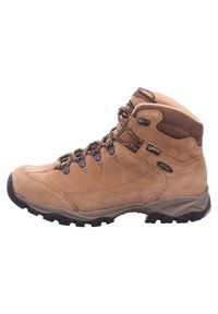 Tan hiking boot made of suede and synthetic material featuring a high ankle, lace-up front, and rubber sole with deep treads for traction.