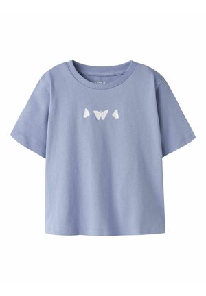 Light purple short-sleeve toddler T-shirt with three white butterfly silhouettes centered on the chest.