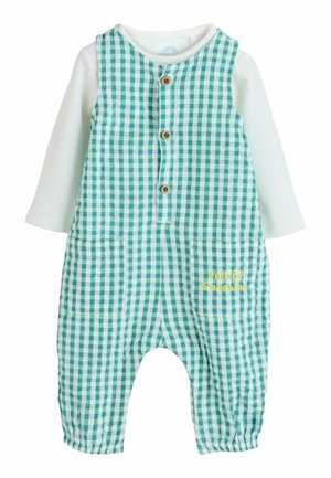 Green and white gingham romper with long white sleeves, button front, two pockets, and embroidered "Full of Sunshine" detail.