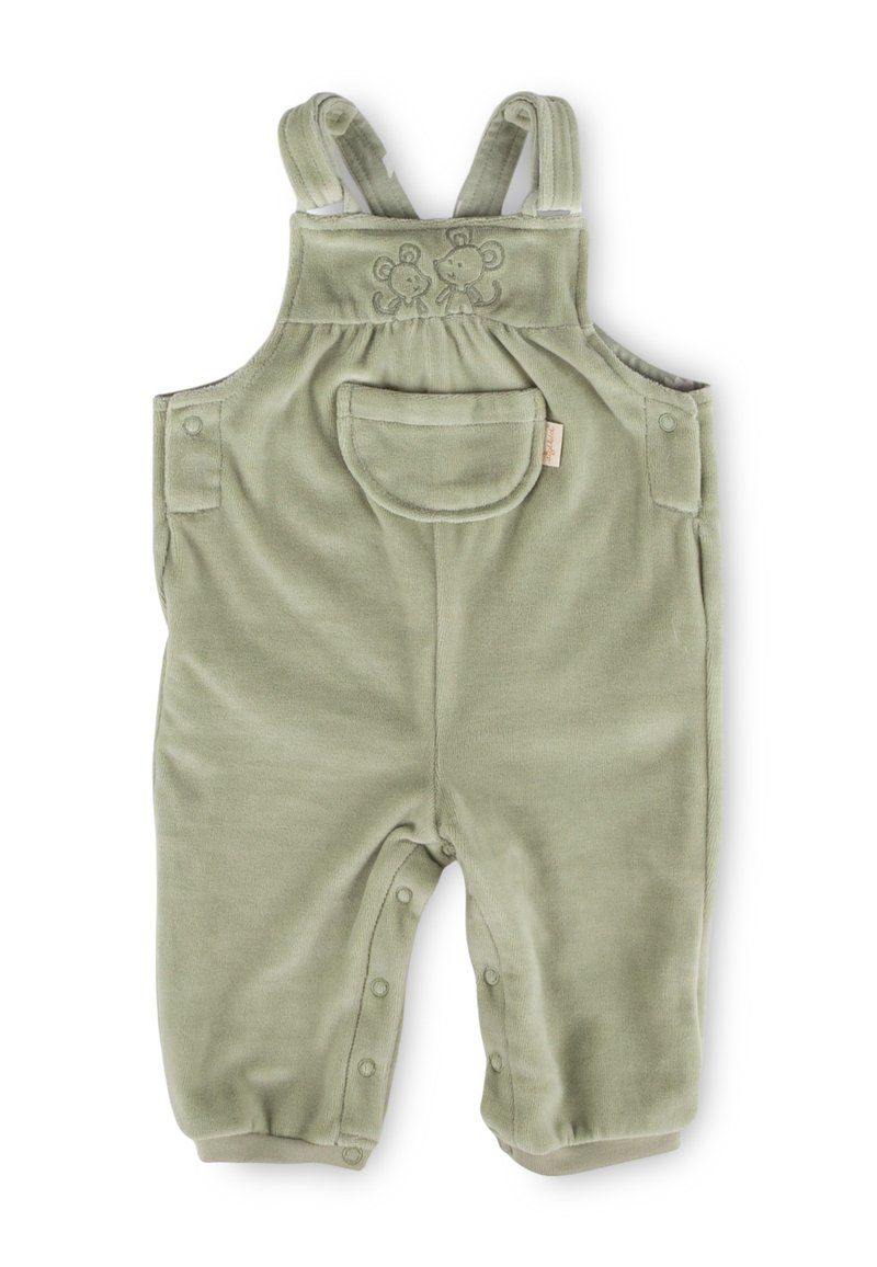 Soft green baby overalls with adjustable shoulder straps, front pocket, snap buttons along legs, and embroidered mouse design on chest.