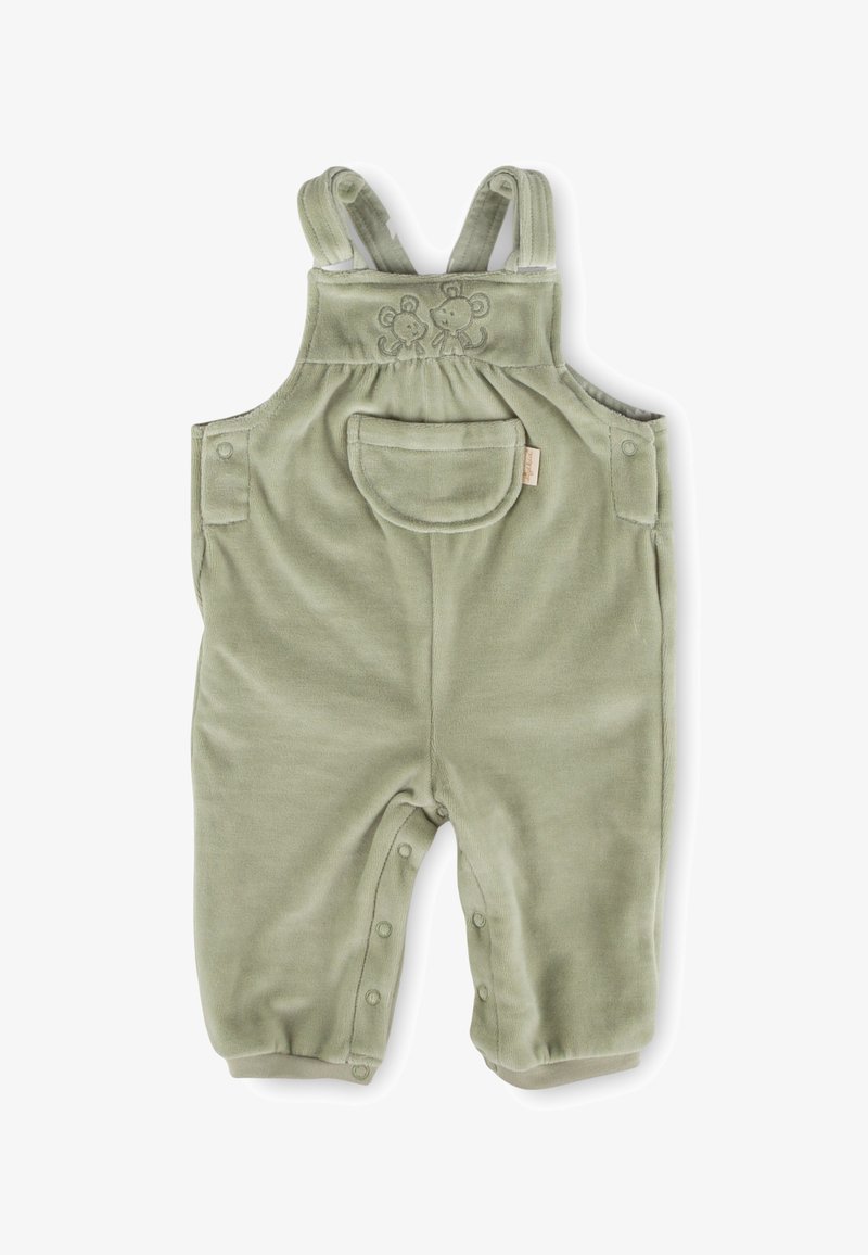 Soft green baby overalls with adjustable shoulder straps, front pocket, snap buttons along legs, and embroidered mouse design on chest.