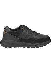 Scarpe sportive nere realizzate in pelle e camoscio, con punta arrotondata, suola in gomma testurizzata e dettaglio in tonalità marrone chiaro sul tallone.