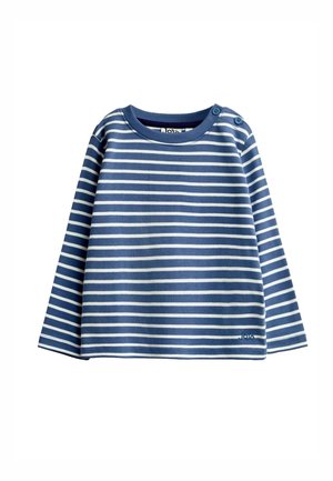 Blauw-wit gestreept kinderhemd met lange mouwen, twee knopen op de linkerschouder en een ronde halslijn.