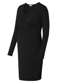 Schwarzes Umstandskleid, lange Ärmel, Überkreuz-Ausschnitt, gerafft unter der Brust, aus weichem, dehnbarem Stoff für Komfort und Bequemlichkeit.