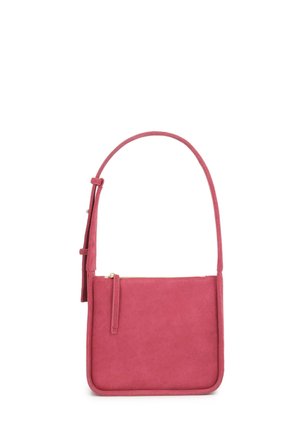 Petit sac bandoulière rectangulaire en daim rose avec bandoulière réglable et fermeture éclair supérieure.