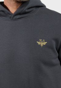 Sudadera gris oscuro con un pequeño abeja bordada en dorado y el texto "P 1" en el área del pecho izquierdo, llevada por una persona con barba clara.